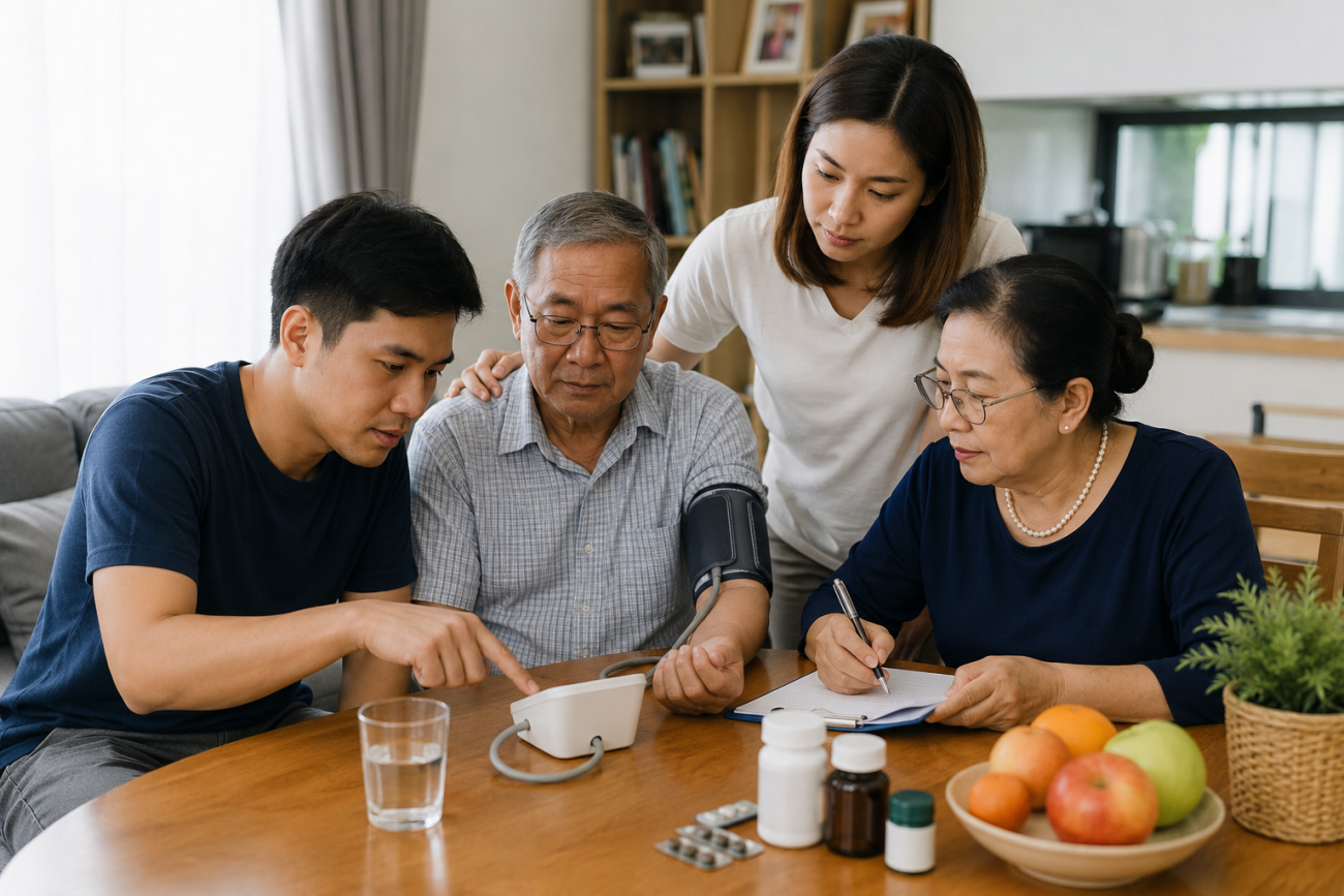 Gia đình cùng theo dõi sức khỏe tại nhà cho người lớn tuổi, với các biểu tượng về huyết áp, tim mạch, đường huyết, hút thuốc và vận động nhằm nhấn mạnh nhóm cần học quy tắc BE FAST để phòng ngừa đột quỵ.