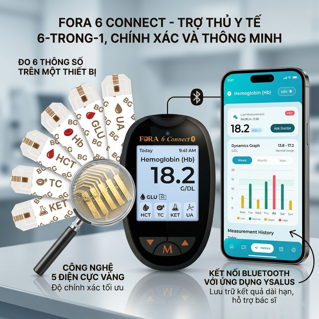 Ngoài đường huyết và ketone, FORA 6 Connect còn có thể đo: hematocrit, hemoglobin, cholesterol toàn phần, axit uric.