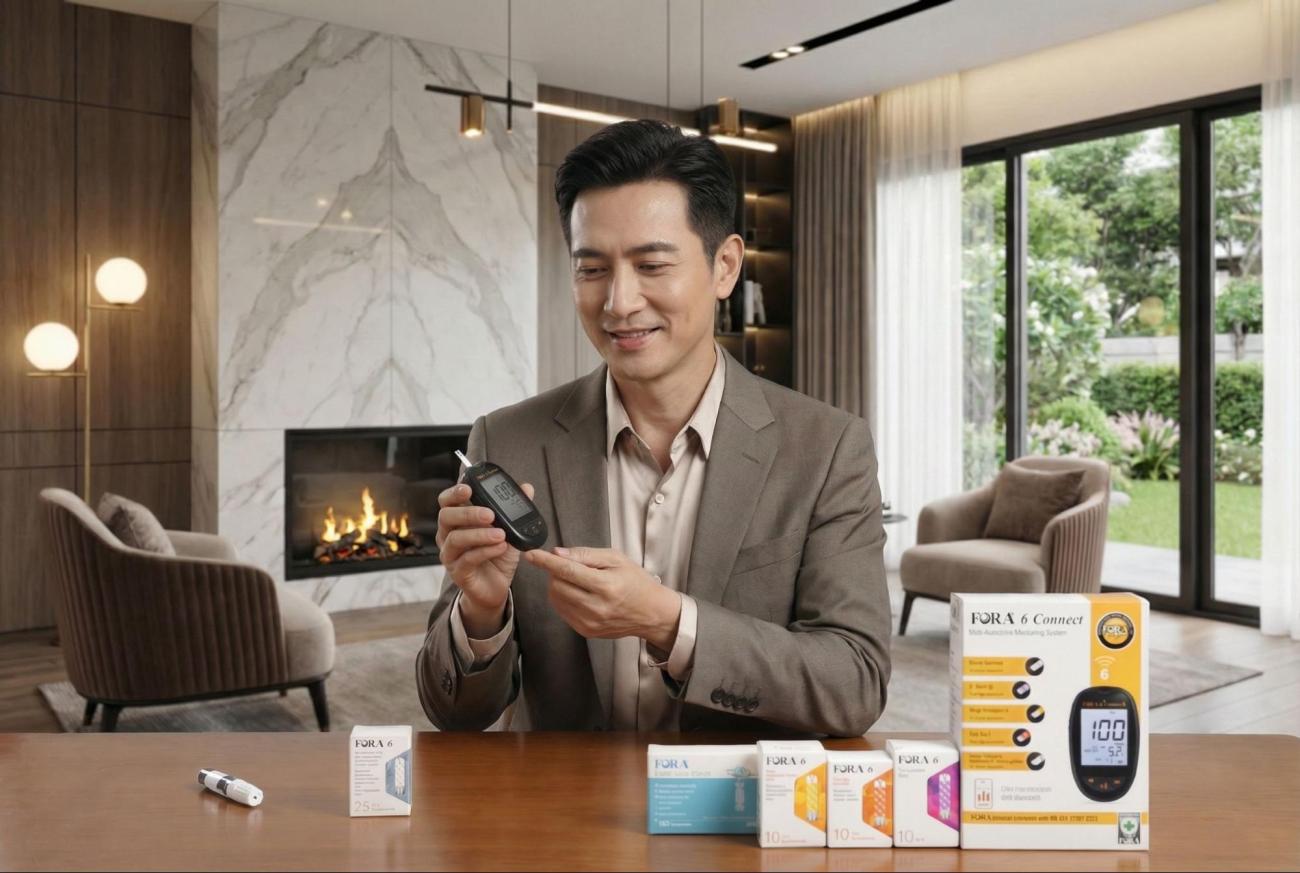 Đo đường huyết tại nhà bằng máy Fora 6 Connect giúp quản lý tiểu đường hiệu quả. 