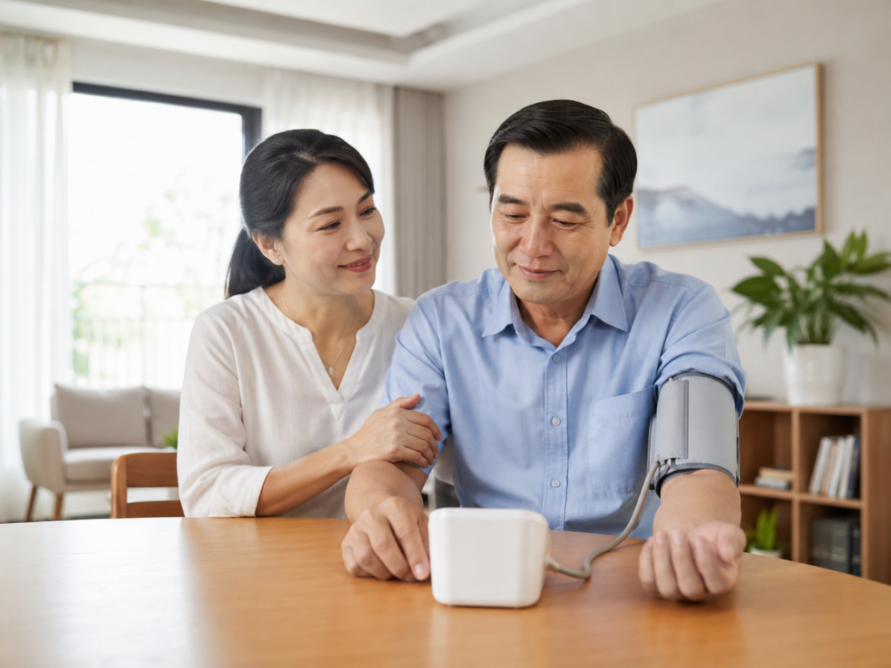 Cặp vợ chồng trung niên đang đo huyết áp tại nhà, tạo cảm giác gần gũi và đúng với chủ đề theo dõi huyết áp chủ động.