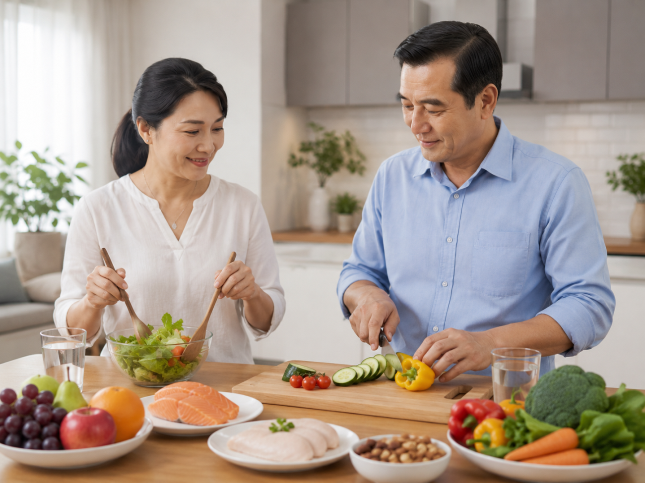 Cặp vợ chồng chuẩn bị bữa ăn lành mạnh với rau xanh, cá, trái cây, nước lọc và thực phẩm tươi.