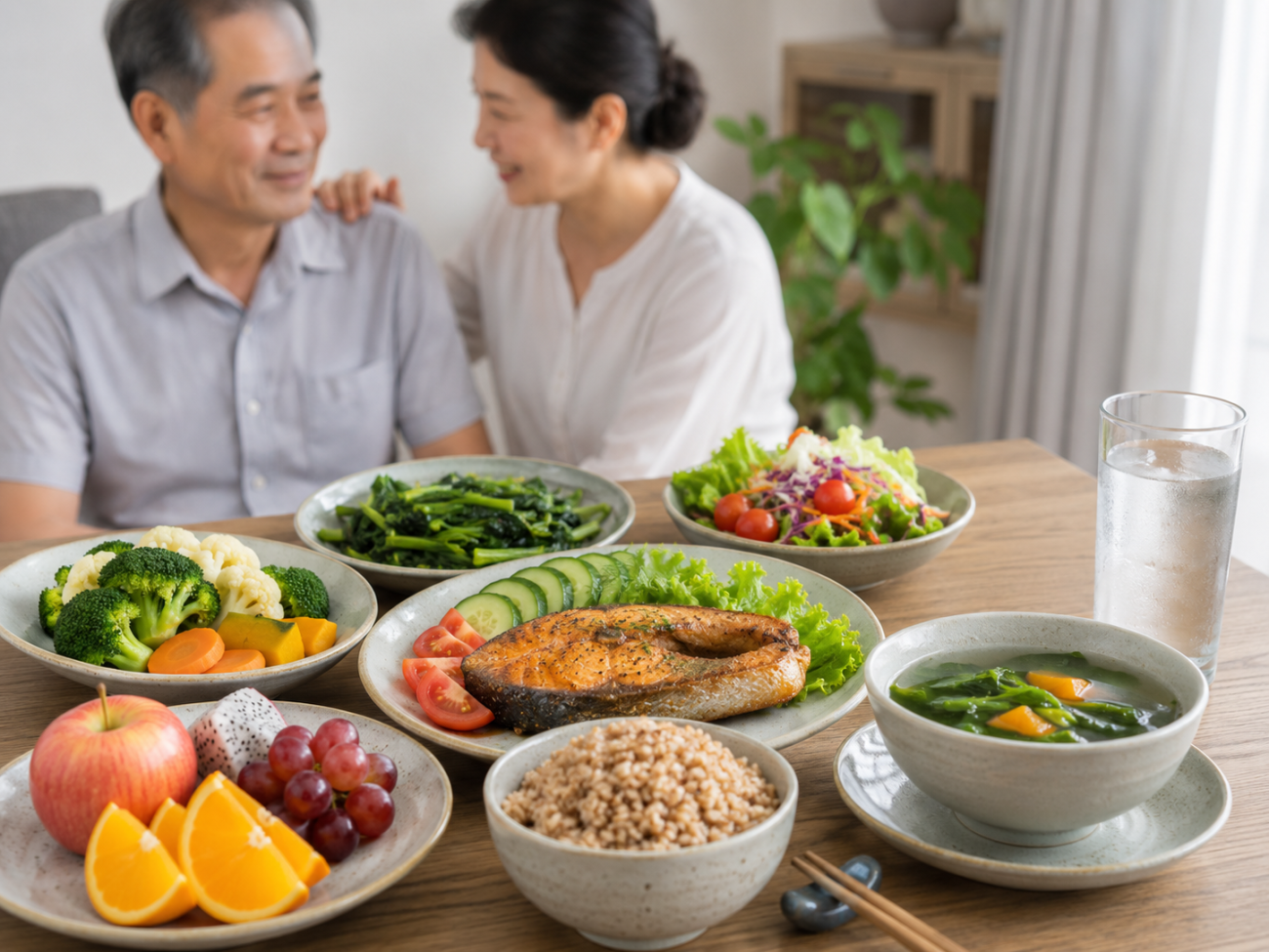 Bữa ăn lành mạnh với cá, rau xanh, ngũ cốc nguyên hạt, trái cây và nước lọc, phù hợp minh họa lối sống hỗ trợ kiểm soát huyết áp.