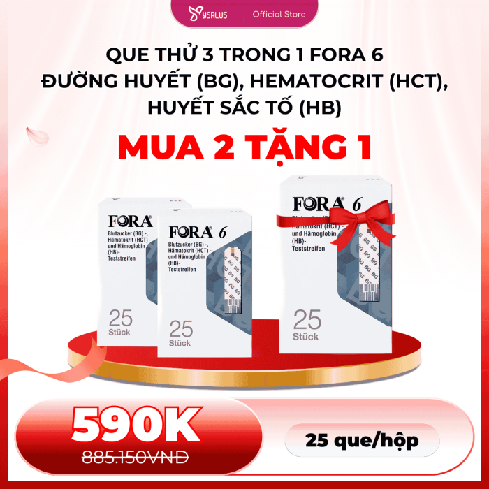 MUA 2 TẶNG 1 | Que Thử Đường Huyết FORA 6 3in1 - Đo Đường Huyết, Hematocrit, Hemoglobin (3 Gói)