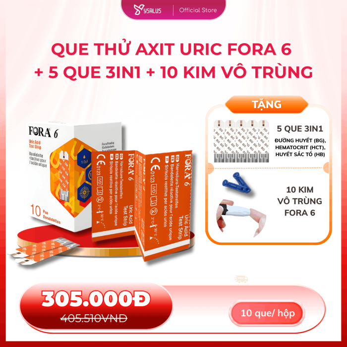 Que Thử Axit Uric FORA 6 (Hộp 10 que) Tặng 5 Que 3IN1 + 10 Kim Vô Trùng Fora 6