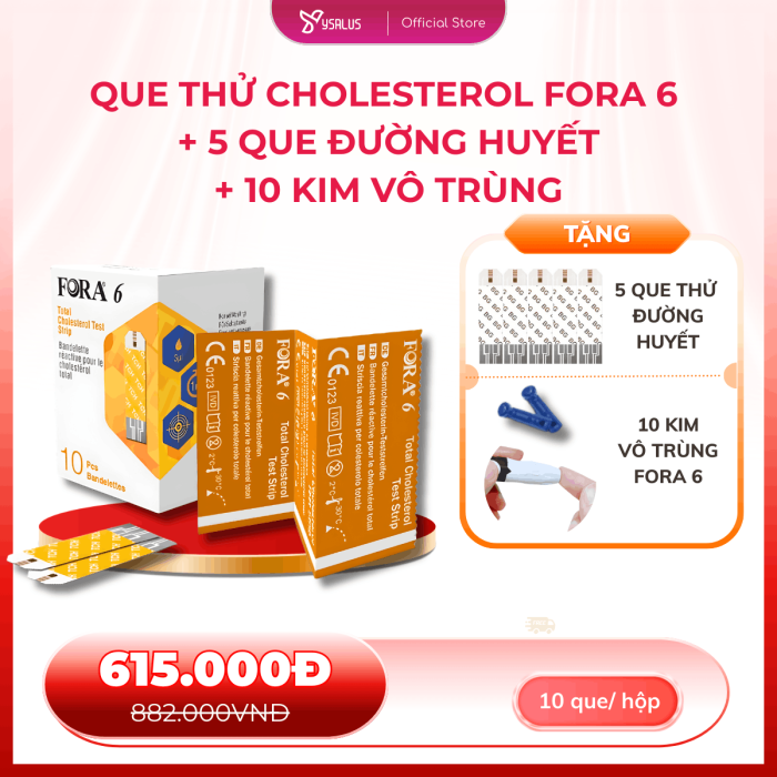 Que Thử Mỡ Máu Cholesterol FORA 6 (Hộp 10 Que) Tặng 5 Que Đường Huyết + 10 Kim Vô Trùng Fora 6