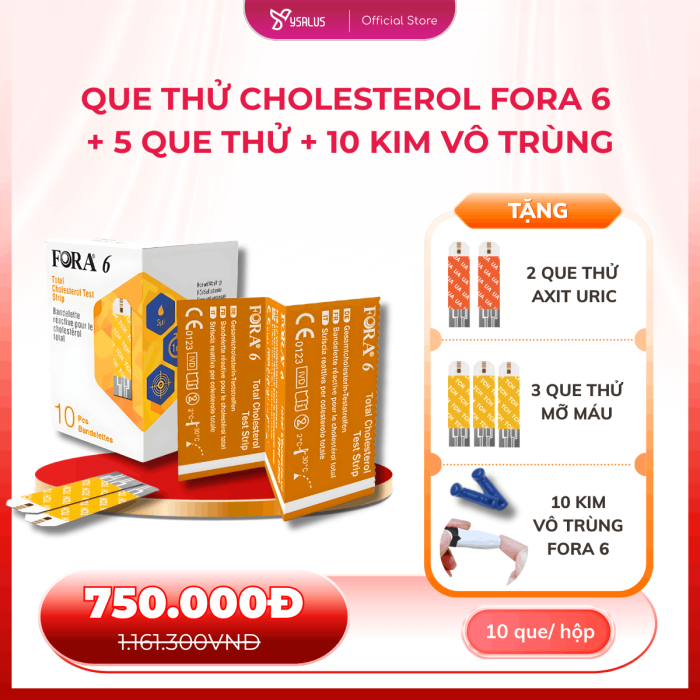 Que Thử Mỡ Máu Cholesterol FORA 6 (Hộp 10 Que) Tặng 5 Que Thử + 10 Kim Vô Trùng Fora 6