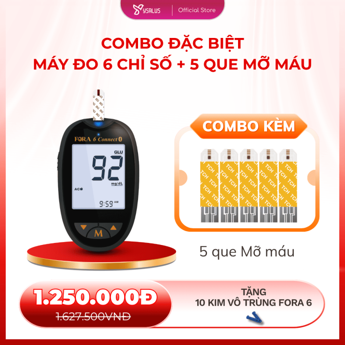 Combo Cực Hời Máy Đo 6 Chỉ Số Tại Nhà + 5 Que Mỡ Máu + 10 Kim Vô Trùng