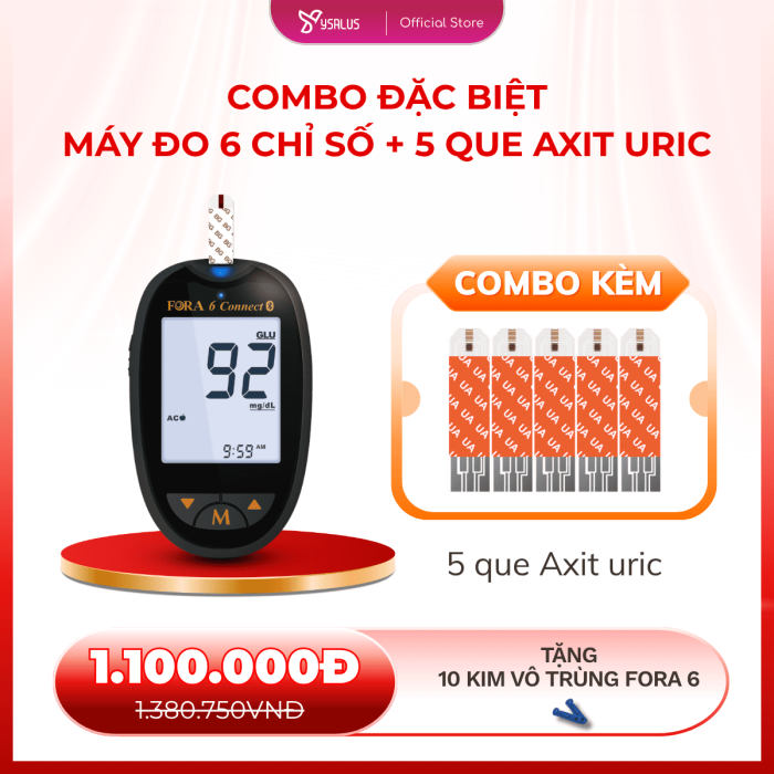 Combo Siêu Tiết Kiệm Máy Đo 6 Chỉ Số Tại Nhà + 5 Que Axit Uric + 10 Kim Vô Trùng