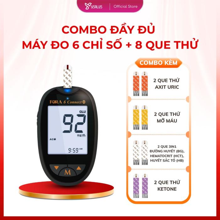 Combo Máy Đo 6 Chỉ Số Máu Fora 6 Tại Nhà - Kèm 8 Que Thử (UricCholesterolKetone3in1)