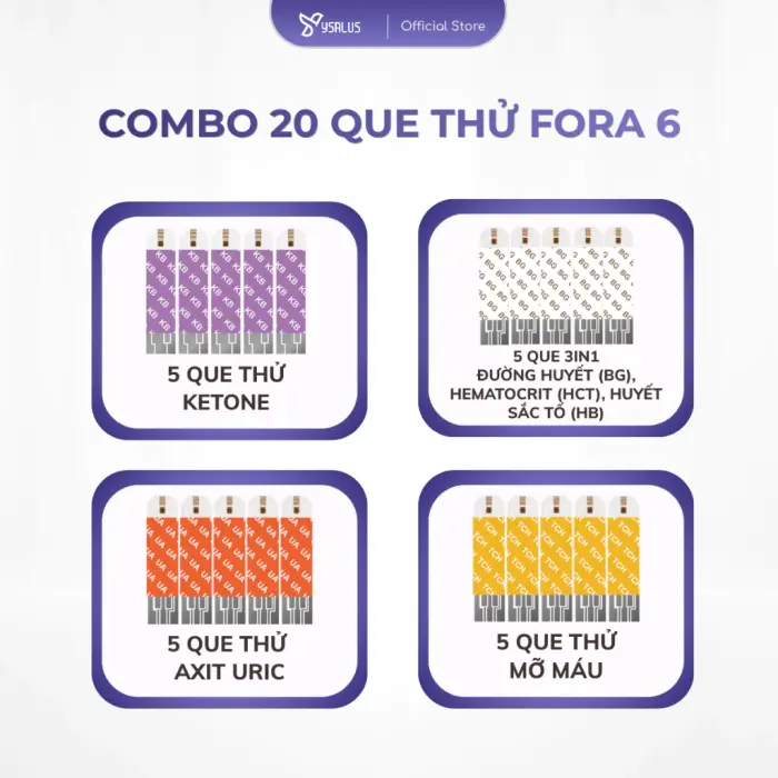 Combo 20 Que Thử Fora 6, 5 Ketone + 5 3in1 + 5 Axit Uric + 5 Mỡ Máu