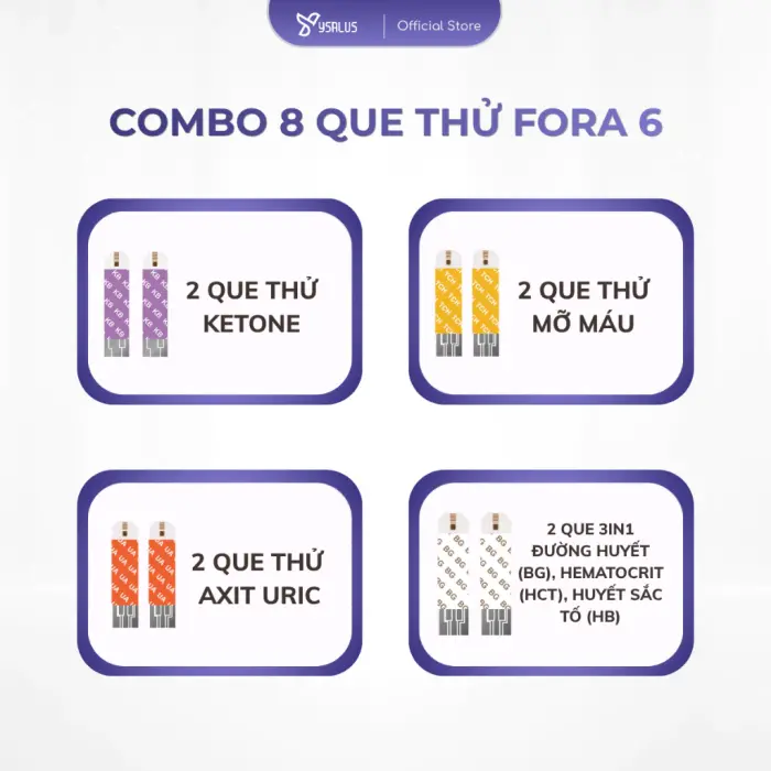Combo 8 Que Thử Fora 6, 2 Ketone + 2 3in1 + 2 Axit Uric + 2 Mỡ Máu